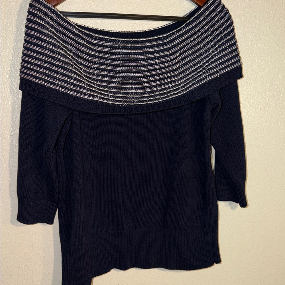 LOFT Navy and White Off-the-Shoulder Ribbed Foldover Sweater